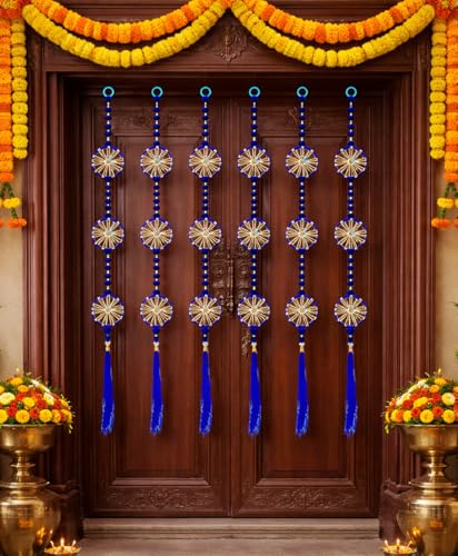 Image of Rajasthan Kraft Handmade Pom Pom Beads with Gotta Patti Ring Tassels Used for Wall Decor and Door Hanging|Home Office Diwali Decoration, Length 55 Inch, Pack of 2, Colour Blue (RK-34802-2)