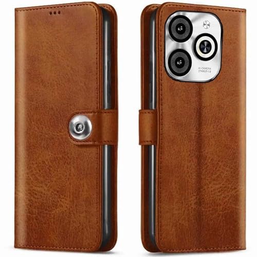 Image of Bintage Genuine Leather Inside Back TPU Wallet Button Magnetic Compatible Model Flip Cover for Tecno KJ5 / Spark 20 - Brown