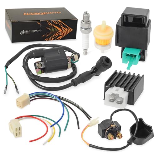 HANQIMOTO Ignition Coil Kit with 5 Pin AC CDI Box Voltage Regulator Rectifier Solenoid Relay & Spark Plug for Kazuma Meerkat 50cc Falcon 70cc 90cc 110cc Taotao Roketa Coolster 110CC ATV 3050B