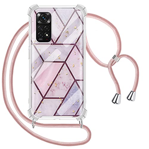 Handykette Handyhülle für Xiaomi Redmi Note 11(6.43") Hülle, für Xiaomi Redmi Note 11S Hülle, Marmor Glitzer Necklace Hülle mit Kordel Silikon Handyhülle zum Umhängen Schutzhülle mit Band in Roségold Cover