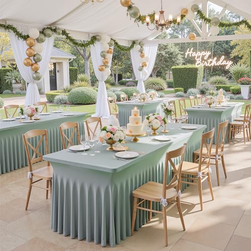 Image of Outpain Dusty Green Spandex Table Clothes for 6 Foot Rectangle Tables-4Pack 6FT Spandex Fitted Table Cover, Wrinkle Free Tablecloths with Skirt for Parties, Wedding, Birthday, Banquet, Festival
