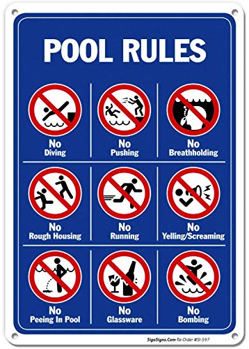 Pool Rules No Diving No Pushing No Running No Peeing in Pool ���^���T�C�� 8 x 12 �K�тȂ� �A���~�j�E�� �u���L�Ŕ� �I�t�B�X �X�� �����x���T�C��