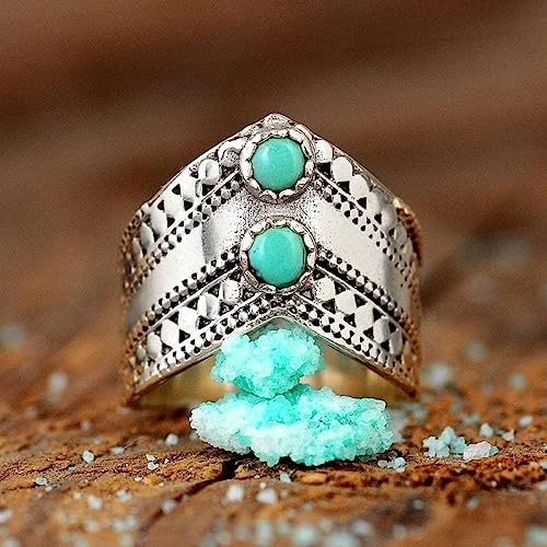 LRGKMCWTOB Turquoise Ring Sterling Silver 925 Genuine Gemstones Vintage Women's 925 Sterling Silver Ring Natural Bohemia Turquoise Jewelry Turquoise Moonstone Ring Wedding Jewelry（Size 6）2