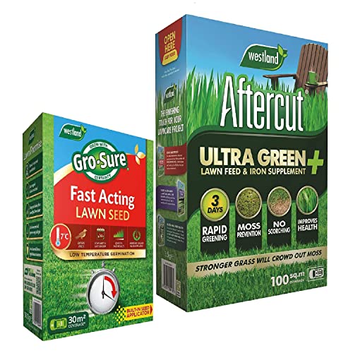 Image of Garden Grass Lawn Care Bundle - 3.5kg Aftercut Ultra Green Lawn Feed + Iron Supplement 100sq.m & 900g GRO-Sure Fast Acting Lawn Grass Seeds 30m2 Garden Fertilisers with Topline Card