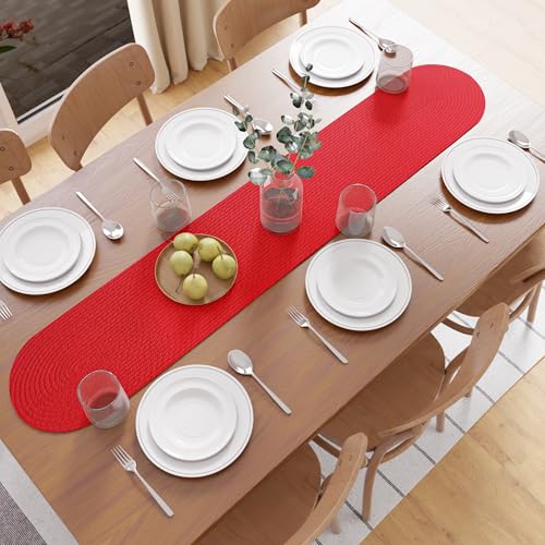 Image of Encasa XO Table Runner for 4 Seater | Handmade Ribbed Style Cotton | 30x137 cm | Red | for Dining & Center Table