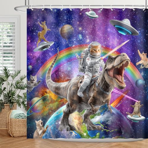 Image of Funny Cat Dinosaur Shower Curtain Fun Cool Hilarious Cats on Fantasy Galaxy Space Universe Anime Kids Bathroom Home Decor Waterproof Polyester Fabric 72Lx72W Inch with Hooks