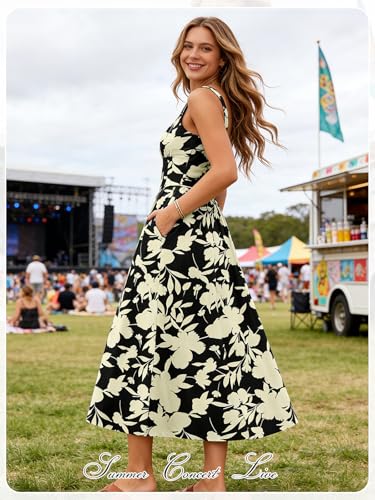 Image of YIOYOLA Womens Casual Summer Dress with Pockets | Sleeveless Square Neck Flowy A-Line Midi Sundress for Beach & Wedding Guest