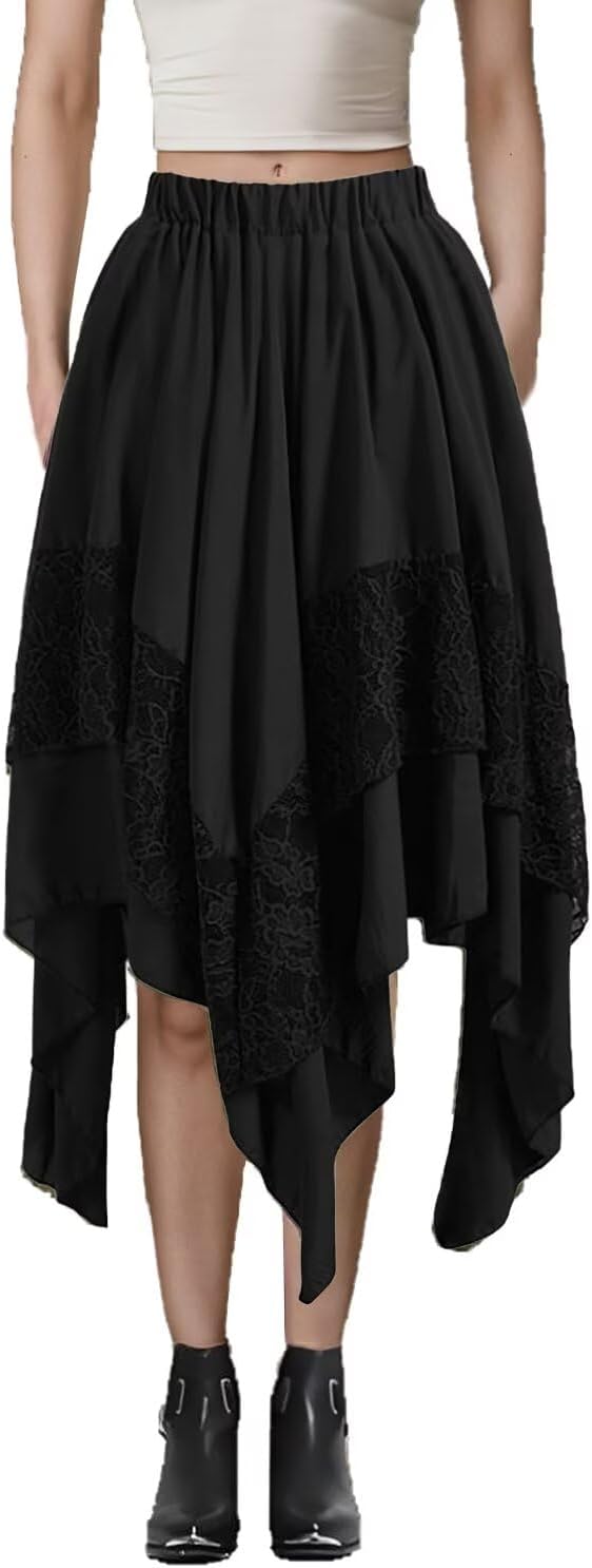 Women's Renaissance Skirt Flowy Lace Tiered Asymmetrical Skirts Gothic Fairy Pirate Costume