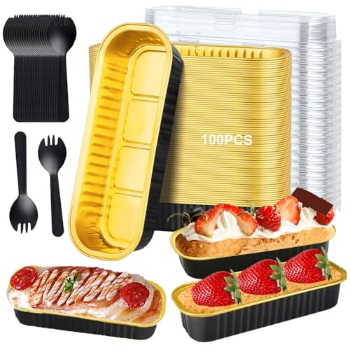 Consejos para Comprar L molde los mejores 5. 43 100 mini moldes para pan de aluminio,Moldes para Pasteles con Tapa,100 cucharas de postre con tapa, reutilizables, 6.8 oz, 200 ml, aptos para pasteles brownies,horneables (Oro...