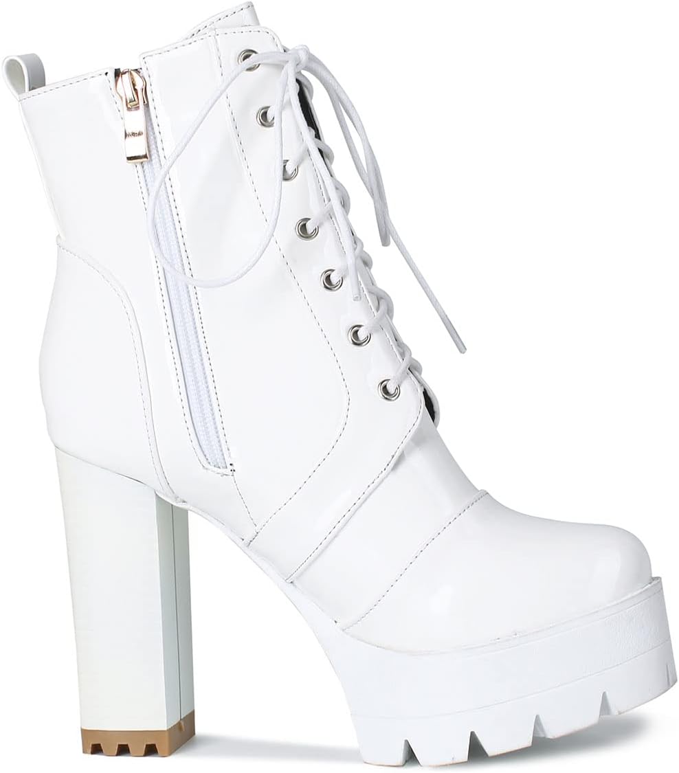 SHEMEE Women's Lace Up Chunky Heeled Platform Ankle Boots Patent Leather Block High Heels Side Zipper Booties Shoes