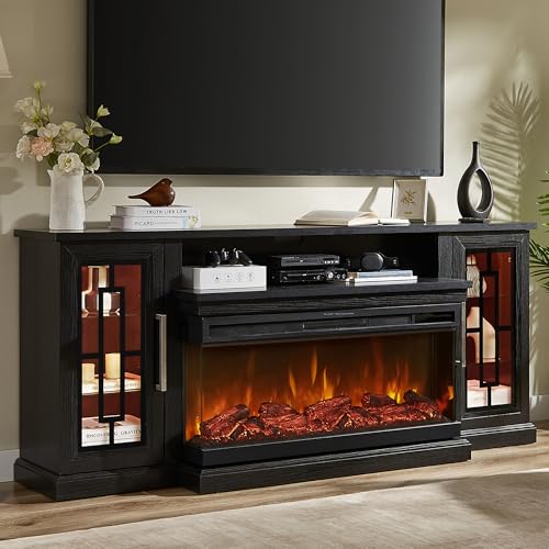 Unineo 75 Inch Electric Fireplace TV Stand, 3- Side Glass LED Modern Media Entertainment Center...