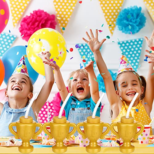 Meanplan 24 Pieces Race Car Trophy Cups With Straws Bulk For Kids 10 Oz Reusable Trophy Tire Cups Golden Race Car Cups Creative Party Cups Bulk For Car Birthday Party Favors Decorations And Supplies #TOP4