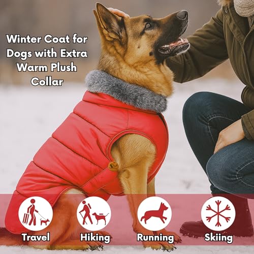 Image of Sage Square Dog Jacket Winter Coat with Fur Collar, Light Weight, Ultra Warm Windproof, Waterproof Dog /Puppy Jacket for Cold Weather, Thicker Fleece (Red, Large - 26inch)