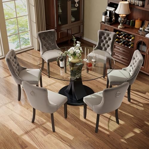 Image of 7-Piece Dining Table Set with 47In Tempered Glass Table and 6 Velvet Upholstered Chairs, Modern Scandinavian Furniture for Dining Room Kitchen(Gray)