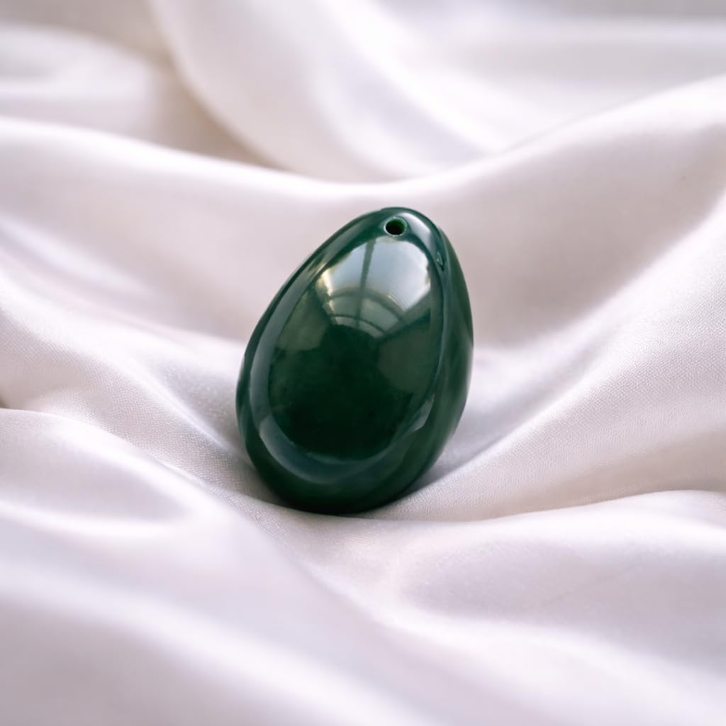 Polar Jade Stone Egg Made of Nephrite Jade, Medium Size (43x30mm), Drilled, with Unwaxed String and Instructions