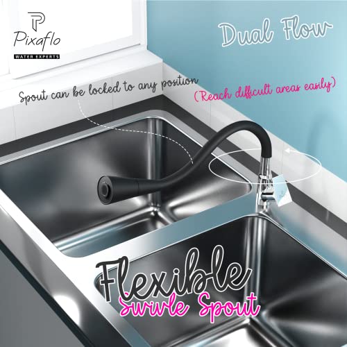 Image of Pixaflo Brass Swan Neck Tap with 360-degree Swivel Black Flexible Silicone Swivel Spout for Kitchen Sink and Wash Basin, Dual Flow (Sea)