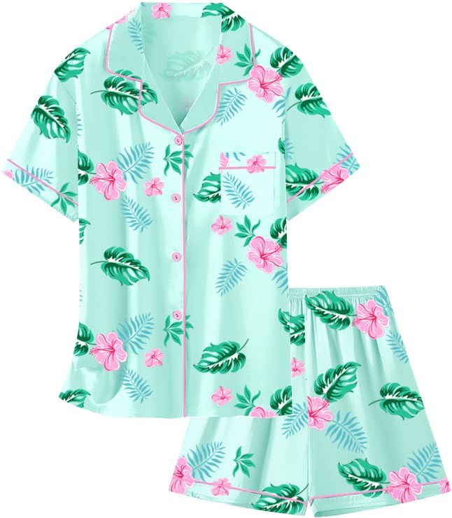 Image of Schbbbta Girls Womens Pajamas, Satin Silky Pjs Set Kids 2Pcs Button-Down Nightwear Sleepwear Gift for Mommy and me