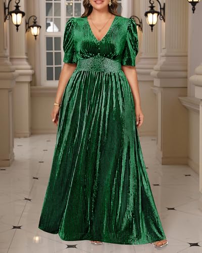 Image of Pinup Fashion Velvet Wedding Guest Dress - Fall Formal Holiday V Neck Empire Waist Long Dresses