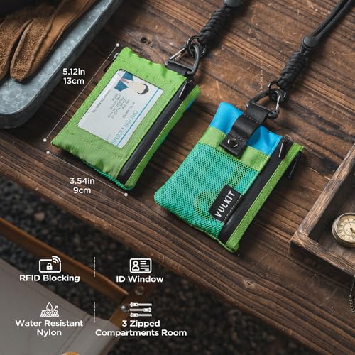 Image of VULKIT Small Minimalist Wallet for Women and Men RFID Blocking, Zipper Coin Pouch with ID Window and Keychain, Water Resistant Travel Lanyard Wallet Green Blue