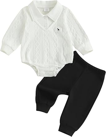 Infant Baby Boy Fall Winter Clothes Long Sleeve Lapel Collar Dinosaur Sweater Romper Bodysuit Pants 2PCS Outfits Set