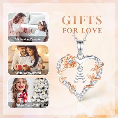 EUDORA Rose Heart Initial Necklace for Women Letter Alphabet Initial Necklaces Copper Rhodium Plated Pendant with Cubic Zirconia, Initials Jewelry Gifts for Women Wife Mother, 18"4