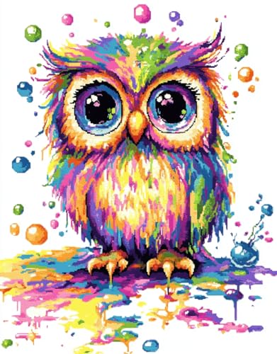DIY Cross Stitch Kit for Beginners Owl with Big Eyes Sitting on Ground 11CT Embroidery Kit with Patt