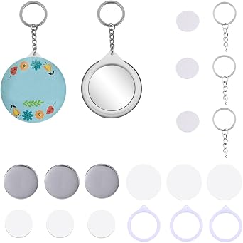 25 Sets 2.25 inch Button Badge Maker Double-Sided Keychain, 58mm Round Badge Parts with Metal Cover, Mirror, Plastic Base and Keychain, for Button Maker Machine DIY Gifts