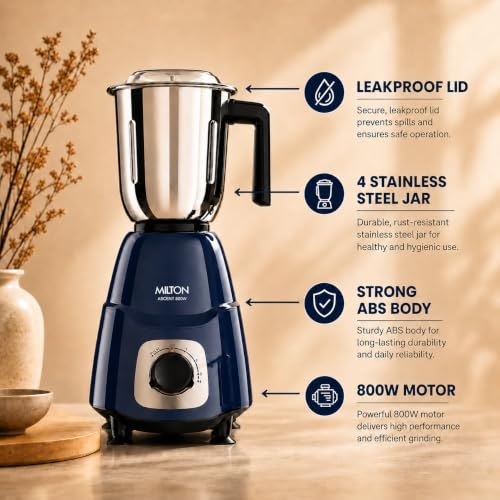 Image of Milton Ascent Mixer Grinder, ISI Certified, Grindstone Blade Technology, 4 Jar, 800 W (22000 RPM), 5 yr motor warranty, 2 yr product warranty I Blue