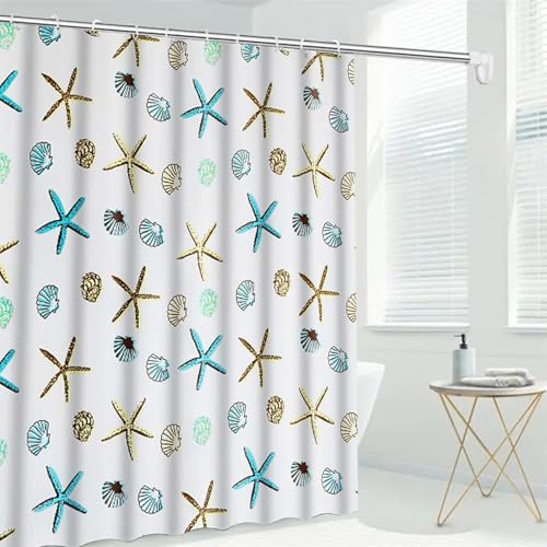 Cortina de Baño,Cortina de Ducha,Cortina Ducha Impermeable,Cortina de Baño Antimoho,con 12 Ganchos para el hogar,Hotel,Ducha,Bañera,Patrón de Estrella de mar,180 x 200 cm