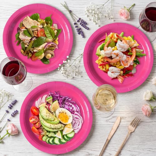 Image of Hot Pink Disposable Paper Plates, 9 Inch Dinner Party Plates, 50 Count Bulk | Colored and Sturdy Durable Party Plates, for Birthday, Baby & Bridal Showers, Halloween, BBQ, Weddings