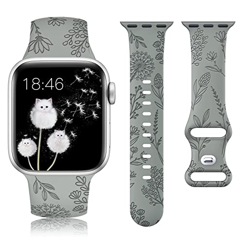 Image of Minyee Floral Engraved Band Compatible with Apple Watch 41mm 40mm 38mm 42mm 44mm 45mm 46mm 49mm Women, Cute Soft Silicone Flower Sport Fancy Strap for iWatch Series 11 10 9 8 7 6 5 4 SE /Ultra 3 2 1