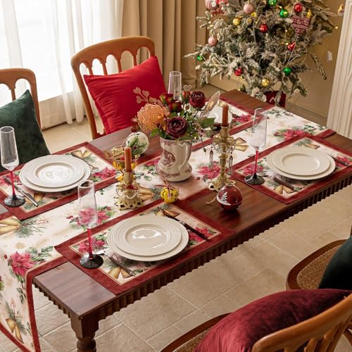 Softalker Jogo americano de Natal, conjunto de 4, 30,5 x 45,7 cm, estampado, poinsétia, sino, cetim,