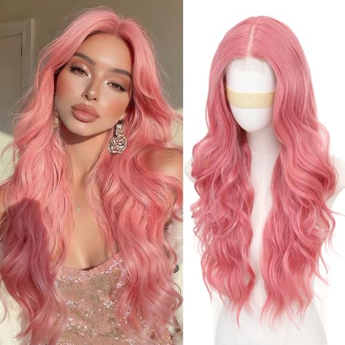 JSDshine Pink Wigs for Women Long Wavy Pastel Wig with Middle Part Natural Lace Hairline Heat Resistant Synthetic Wigs for Daily Party Cosplay-26 Inch