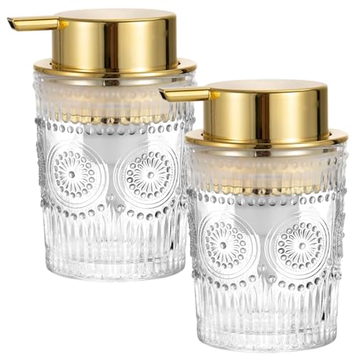 Image of 2 PCS Golden Foaming Soap Dispensers, Unique Glass Foam Soap Dispenser, 300 ml Refillable Liquid Soap Dispenser for Kitchen Bathroom