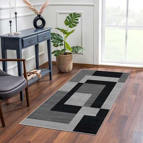 Hafaa Carpet Runners Rugs for Hallway Non-Slip 60 x 110 cm Entrance Black & Grey Rug – Modern Geometric Pattern Carpet for Living Room – Printed Design Carpets Runner Rug (Milo Black and Grey)