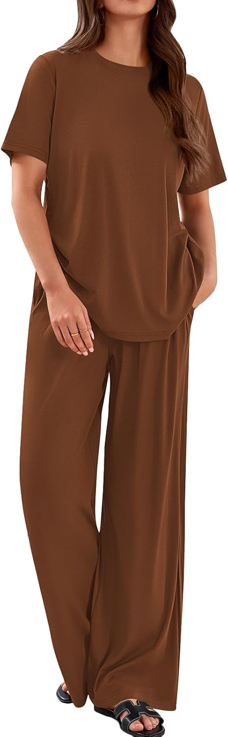 PRETTYGARDEN Spring Lounge Sets for Women 2 Piece Short Sleeve Crewneck Cute Tops and Wide Leg Pants with Pockets Pj Set