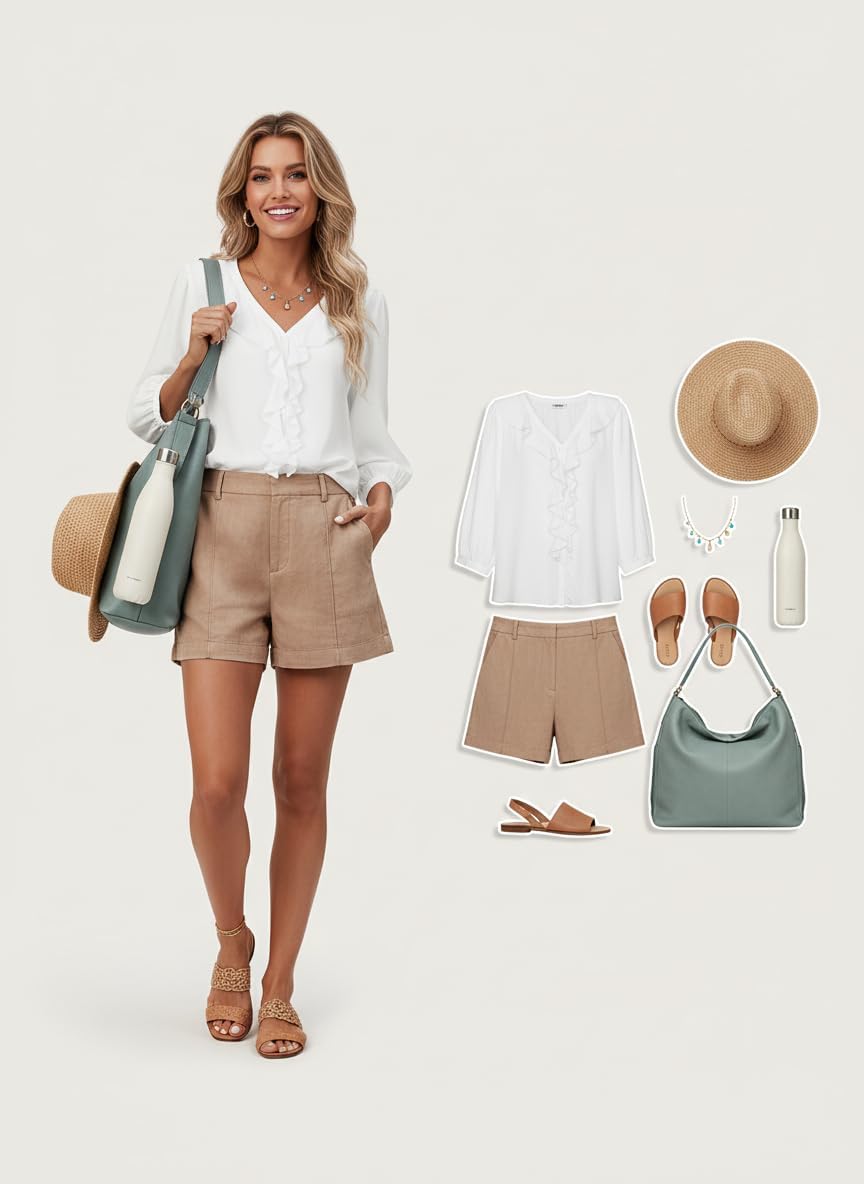 Womens Boho Ruffle V-Neck Blouse 3/4 Puff Sleeve Button Down Tops Business Casual Flowy Office Shirts - Image 6