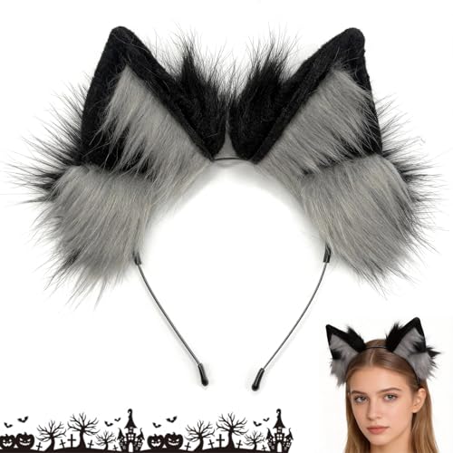 Shalwinn Handgefertigtes Fell Fuchs Wolf Katzenohren Stirnband Katzenohren Haarreif Kopfaccessoires Therian Ohren Kawaii Haarband Halloween Party Cosplay Zubehör Grau Schwarz