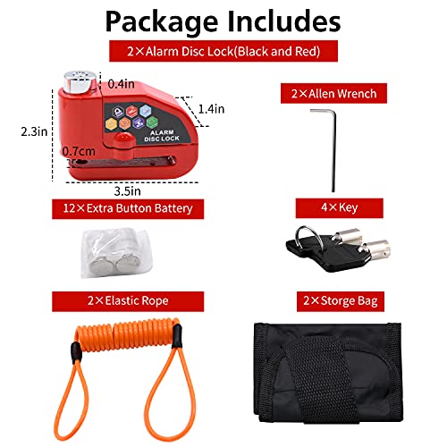 2pcs Candado con Alarma para Disco, 110 dB, Pin de 7 mm, Cable Recordatorio de 5 pies con Bolsa de Transporte miniatura 2