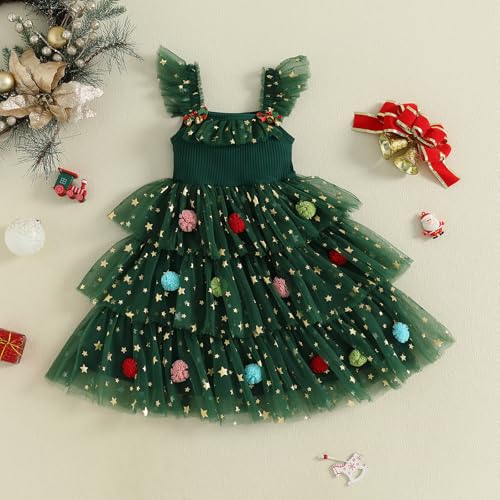 Toddler Christmas Dress Xmas Tree Glitter Star Pompom Embroidery Tulle Tiered Twirl Holiday Dresses Cake Smash Photo4