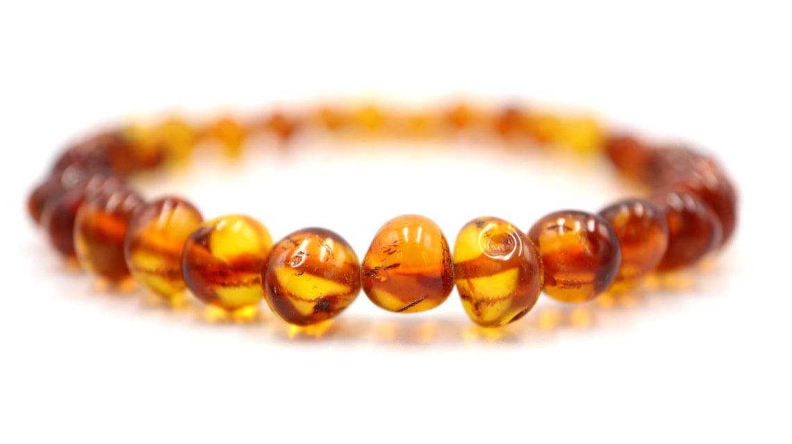 amber-us Armband met Baltische barnstenen aan elastisch koord, gemaakt van natuurlijke, authentieke, ronde kralen van barnsteen, Eén maat, Steen