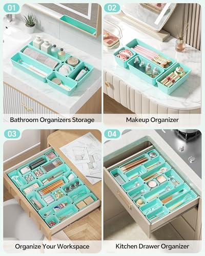 Canfanni 13 Pack Plastic Drawer Organizers Set, 3 Sizes Desk Drawer Organizer Trays for Vanity and Makeup Organizer, Organization and Storage for Makeup, Kitchen Utensils, Bathroom and Office(Blue) - Image 5