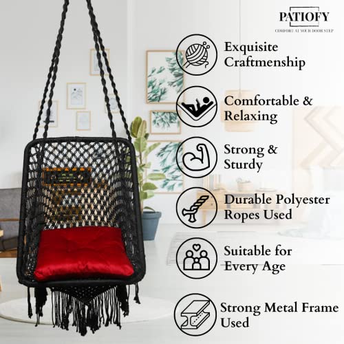 Image of Patiofy Premium Rectangle Shape Swing for Adults for Home /Jhula for Adults /Swing for Balcony /Includes Hanging Kit & Red Sitting Square Cushion (Black)
