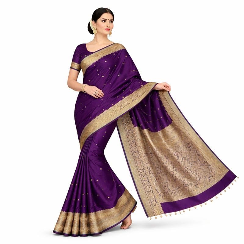 Semi Khatan Premium Saree, beguni with Gold Border, Traditional Indian Ethnic Wear-image-19