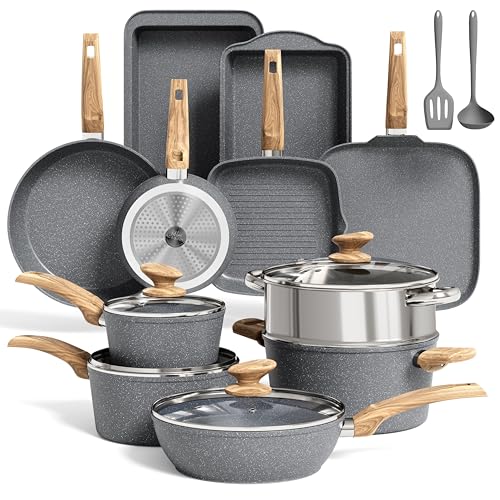 MAISON ARTS 17 Piece Pots and Pans Set Non Stick, Kitchen Cookware Sets with Nonstick Granite Stone Coating, Suitable for Induction Cooktops, Grey