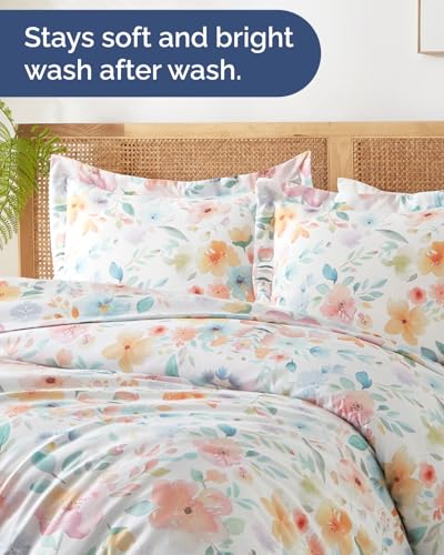 Image of Duvet Cover Full Size Set - Extra Soft Floral Duvet Cover 80 x 90 with 2 Pillow Shams - Comfy, Breathable Floral Bedding Set - Hotel Luxury Easy-Care & Fade Free w / Zipper Closures & Ties - Blush Rose