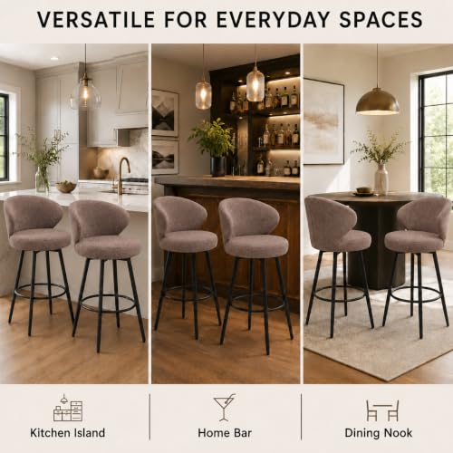 Image of Bar Stools Set of 3, 360 Swivel Breathable Fabric Kitchen Counter Height Stools, 26 inch Upholstered Bar Chair for Kitchen Islands, Restaurant,Brown