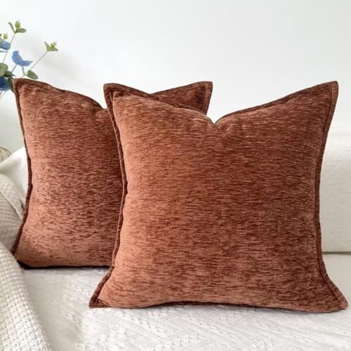 OYIMUA Set of 2 Cushion Covers 50cm x 50cm Terracotta Soft Square Pillow Cases Textured Chenille Cushion Cover 20 x 20 inches Luxury Neutral Decorative Pillows for Living Sofa Room Bedroom
