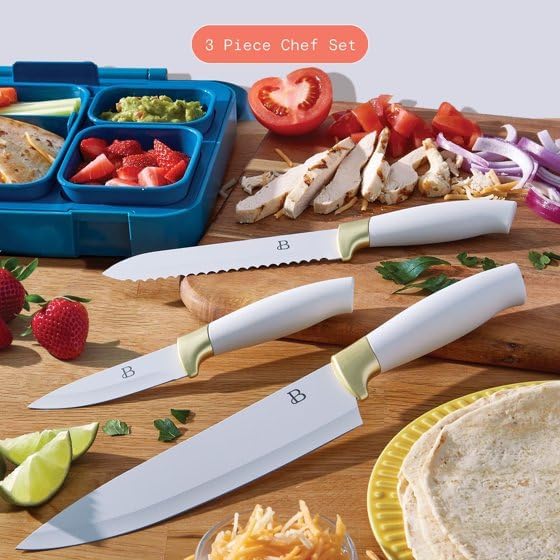 B'eautifuls 3-Piece Chef Knife Set, High-Carbon Stainless Steel, White and Gold - 2