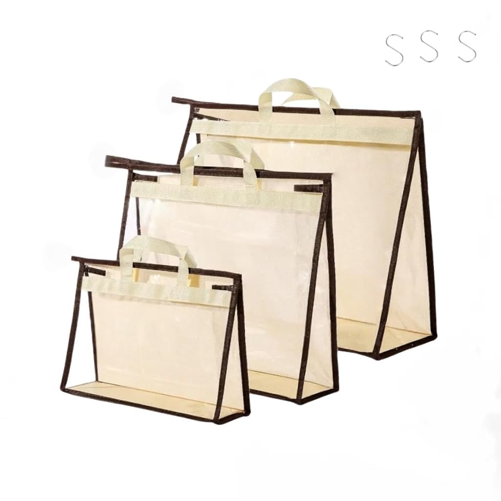 3 Pack Dust Bags for Handbags Clear Handbag Storage Organizer for Closet Hanging Wallet Storage Bags with Zippers and Handles (Beige)
